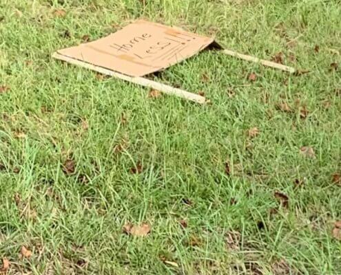 Abandoned dog left with cardboard sign